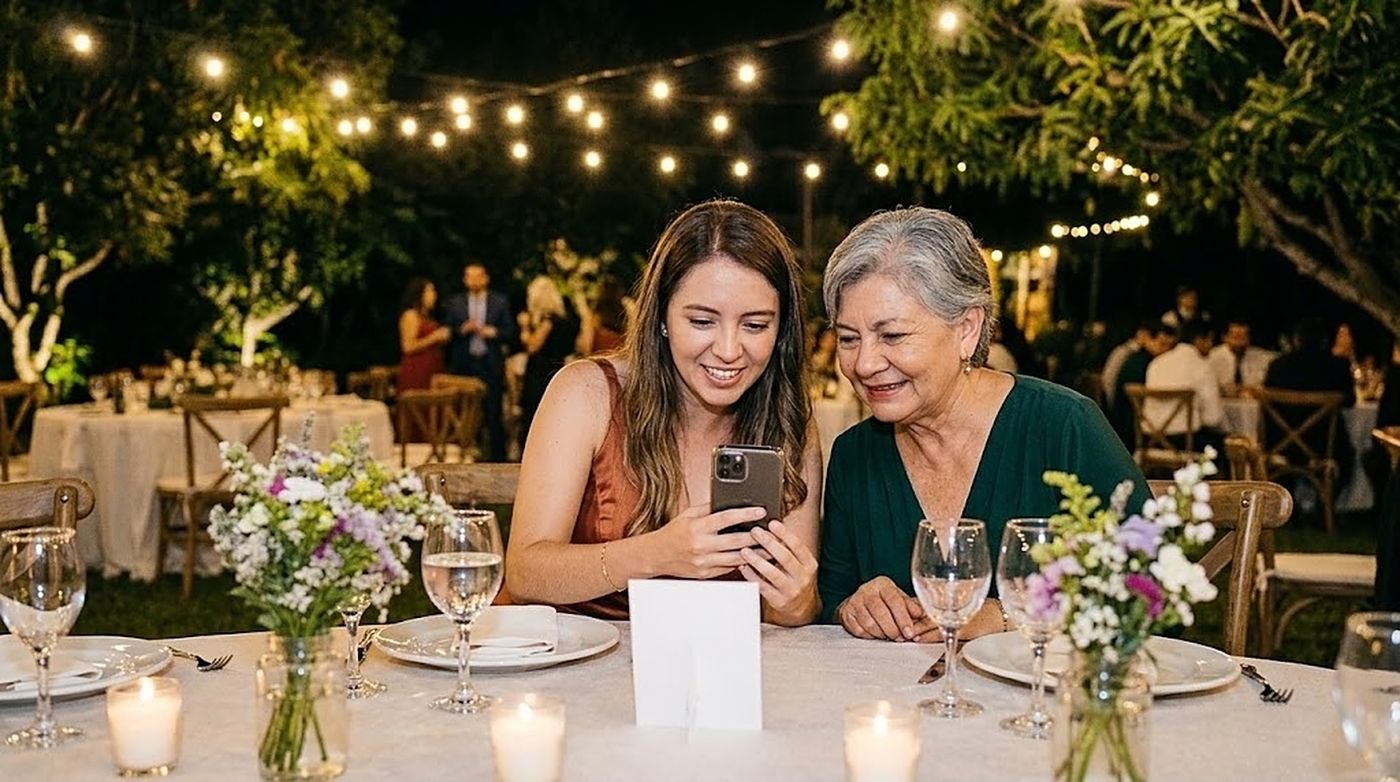 Dos invitadas miran una foto en el teléfono junto a una tarjeta en su mesa