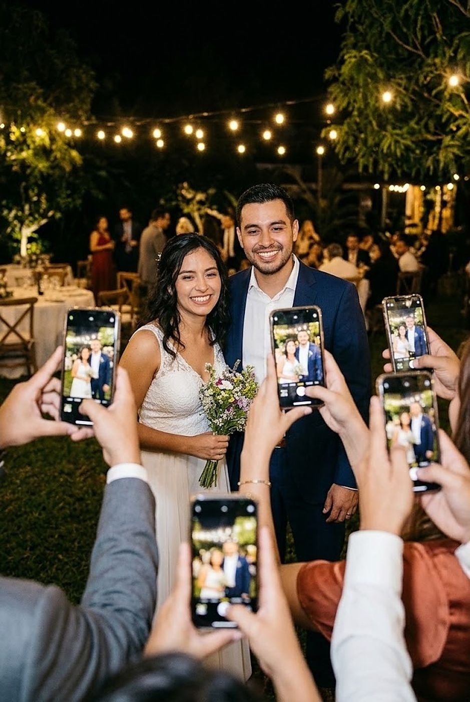 Novios sonriendo mientras sus invitados los fotografían con sus teléfonos